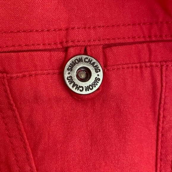 SIMON CHANG DEEP CORAL STRETCHY DENIM JACKET ~ SIZE 4 - Picture 2 of 8